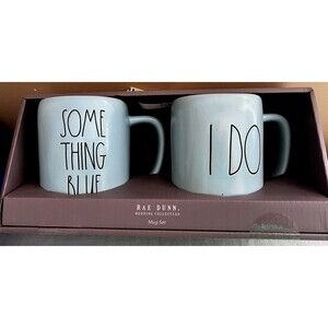 Rae Dunn Wedding Collection Light Blue "SOMETHING BLUE & I DO" coffee mugs NIB